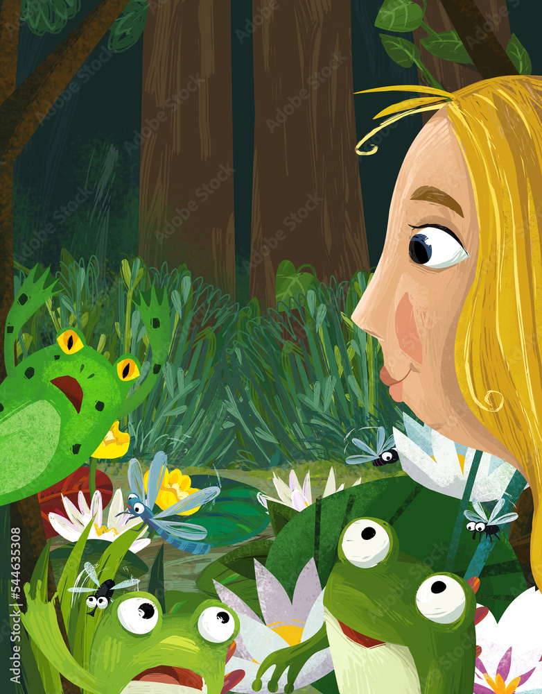 cartoon girl princess frog insects flying illustration Stock ...