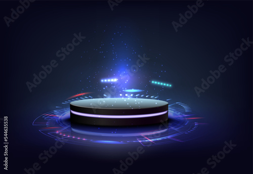 3d realistic vector round stage on dark background. Sci-fi glowing tech stage.
