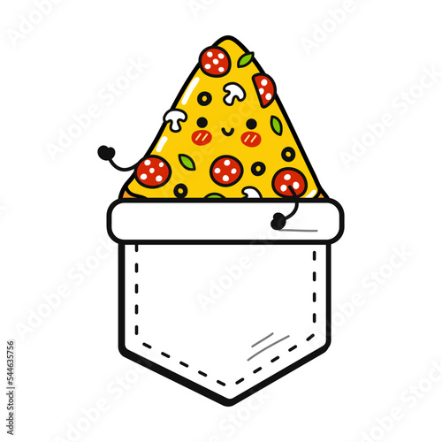 Cute funny pizza pocket t-shirt print.Vector cartoon doodle line style character logo illustration design. Isolated white background. Funny cartoon pizza print for pocket t shirt