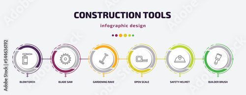 construction tools infographic template with icons and 6 step or option. construction tools icons such as blowtorch, blade saw, gardening rake, open scale, safety helmet, builder brush vector. can