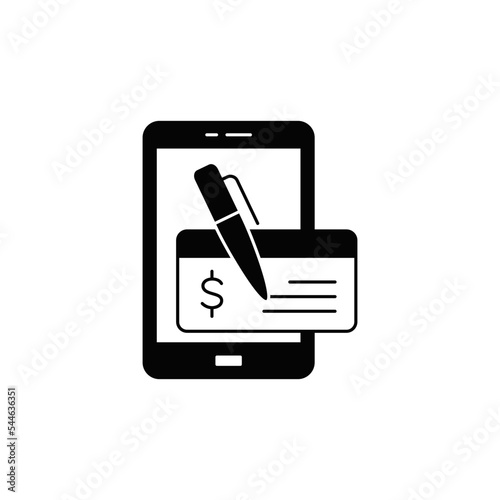Mobile cheque icon in black flat glyph, filled style isolated on white background