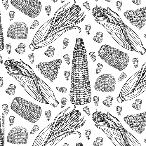 Sketch corn. Harvesting cereals, hand drawn cobs and seeds vector seamless pattern