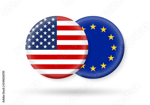 USA and EU circle flags. 3d icon. European Union and American national symbols. Vector illustration.