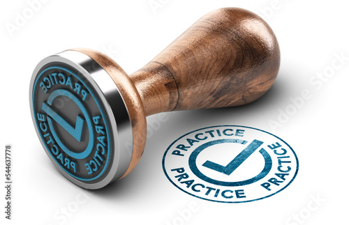 Round rubber stamp with the word practice and a check mark Over White Backfround.