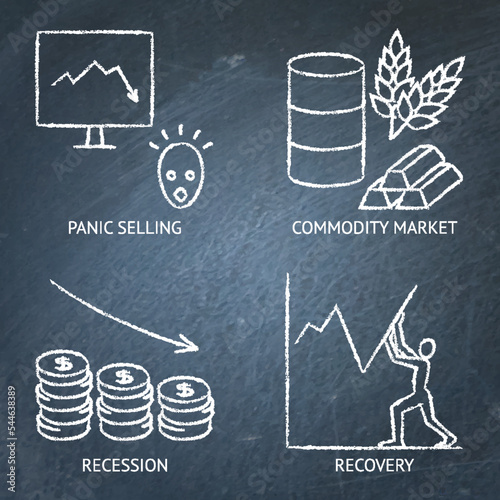 Stock market financial crisis chalkboard icon set