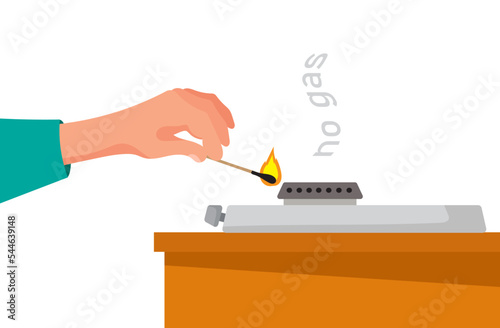 No gas. gas crisis. Turned off the gas. A man's hand lights a gas burner with a match. Vector illustration.