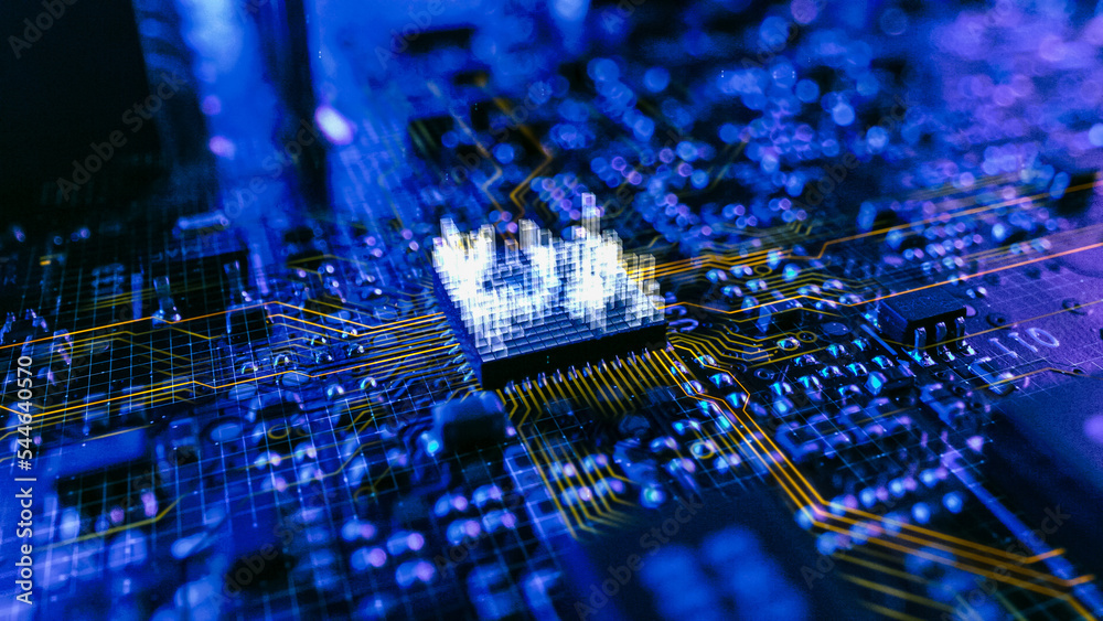 Dark Theme Visualization of Circuit Board CPU Processor Starting