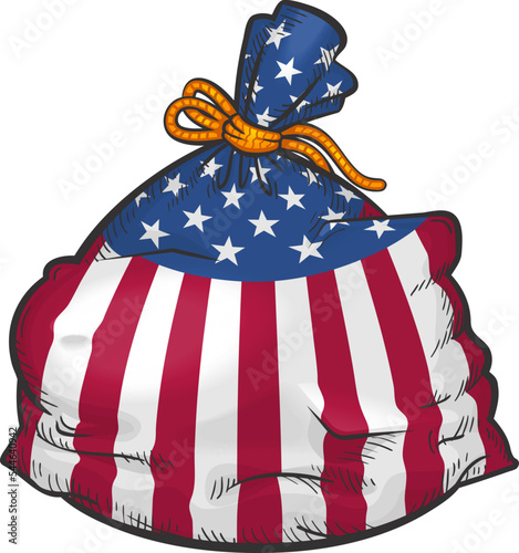 Illustration of a bag in the colors of the US flag with an atomic bomb. Isolated on white vector cartoon illustration