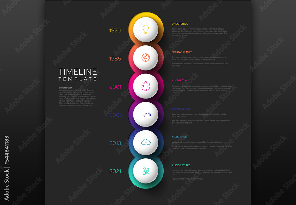 a visually appealing dark timeline infographic with... Dark Infographic Milestones Timeline Template with spheres - vertical ...