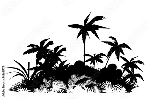 Meadow and palm trees. Jungle rainforest. Nature landscape silhouette. Dense tropical thickets. Isolated on white background. Vector.