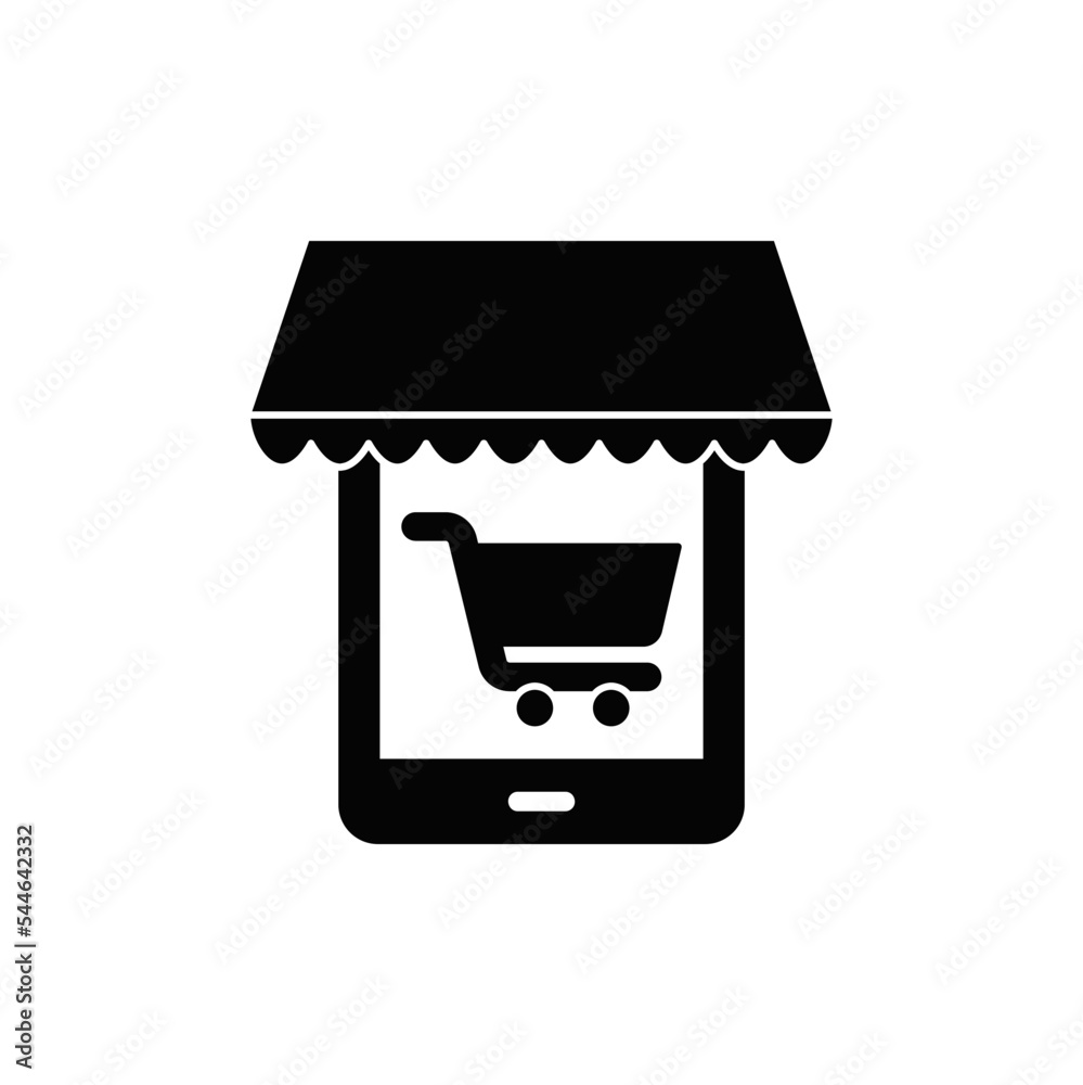 Mobile shopping icon in black flat glyph, filled style isolated on white background Mobile shopping icon in black flat glyph, filled style isolated on white background