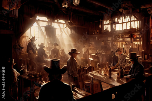 AI generated image of cowboys and barmaids inside a saloon in the wild wild west	 photo