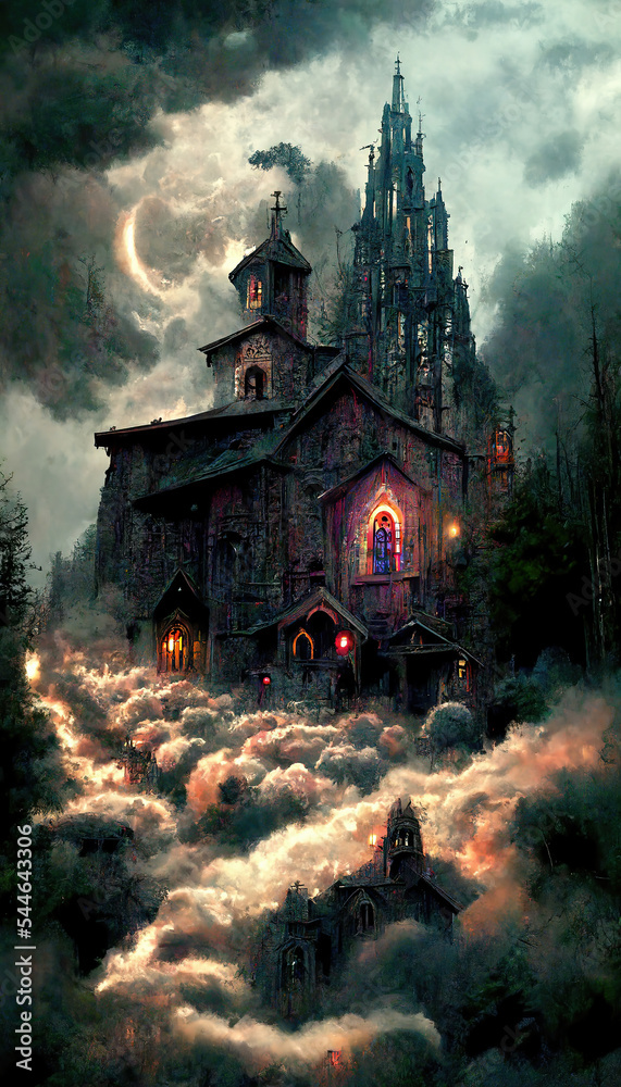 AI generated image of a scary church with a spooky cloudy sky with moon and a graveyard. Horror Halloween concept	
