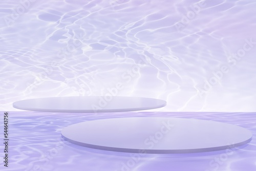 3d render of purple swimming pool like setting with light glares and violet glass podiums