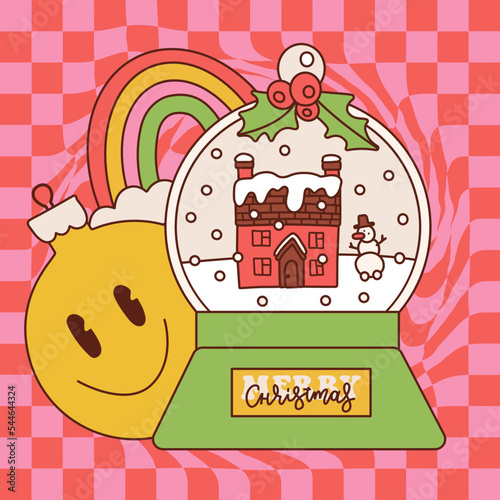 Hippie Groovy greeting catd with snowglobe with small cozy house. Retro 60s 70s snowball globe with Xmas tree ball smile print for Holiday festive season greeting postcard design. Vector illustration.