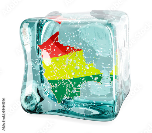 Bolivian map frozen in ice cube, 3D rendering photo