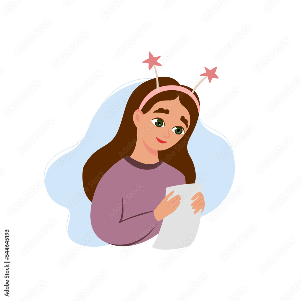 Pretty girl reads a Christmas wish list letter for Santa Claus. Vector illustration. Isolated on white background