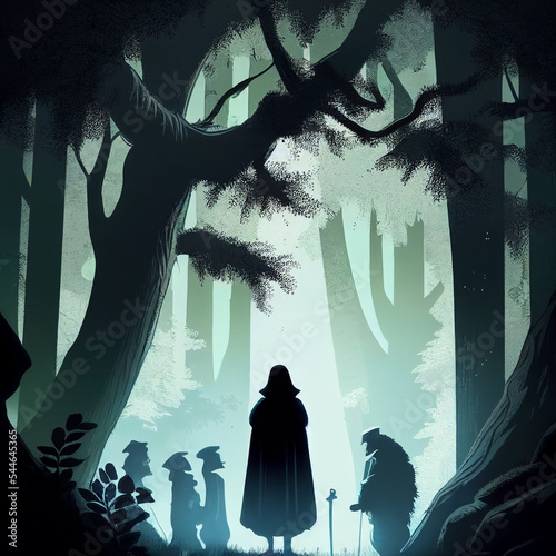 Illustration of Snowwhite and dwarves in the forest photo