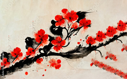 Obraz na płótnie Japanese ink black and red flowers painting. Design for invitation, wedding or greeting cards with hand painted