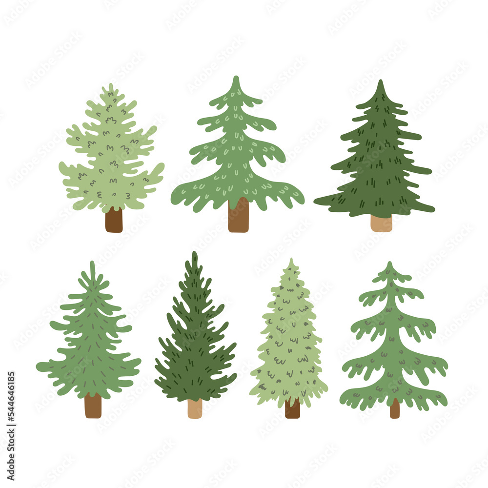 Vector set of christmas trees, evergreen. Hand drawing winter background with fir tree, conifer, cypress, pine. Holiday poster with Christmas symbols. Isolated on white.