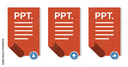 Vector of PPT download icon, PPT upload icon,and PPT share icon. PPT logo with download, upload,and share label. Presentation document logo with rolled document.digital file format.