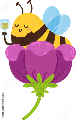 Cute little honey bee in flower with wineglass of nectar. The striped insect resting during the break. Character isolated illustration. (ID: 544646342)