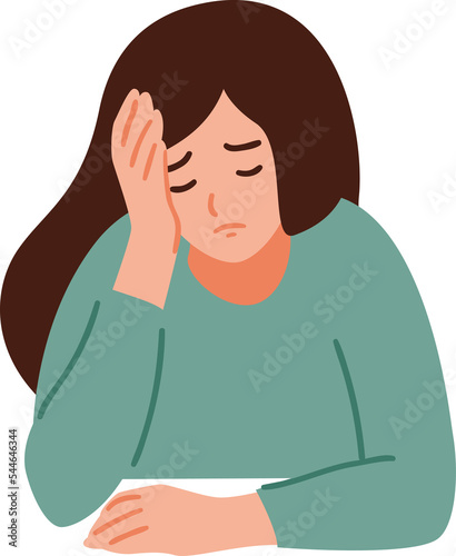 A woman is having a headache. Girl feels anxiety and depression. Psychological health concept. Nervous, apathy, sadness, sorrow, unhappy, desperate, migraine. Flat vector illustration. (ID: 544646344)