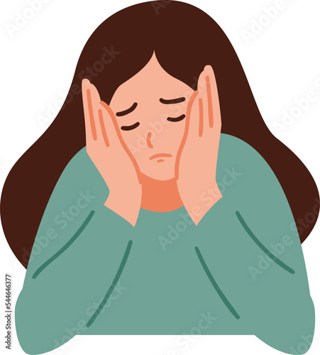 A woman is having a headache. Girl feels anxiety and depression. Psychological health concept. Nervous, apathy, sadness, sorrow, unhappy, desperate, migraine. Flat vector illustration. (ID: 544646377)