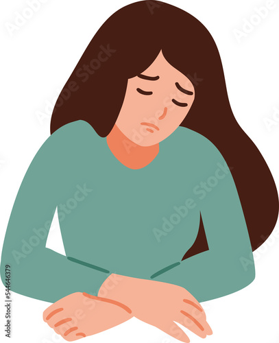 A woman is having a headache. Girl feels anxiety and depression. Psychological health concept. Nervous, apathy, sadness, sorrow, unhappy, desperate, migraine. Flat vector illustration. (ID: 544646379)