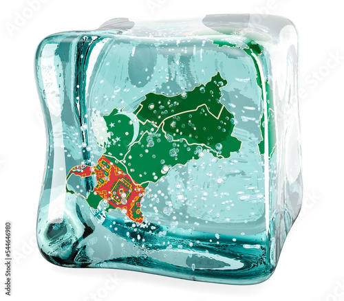 Turkmen map frozen in ice cube  3D rendering