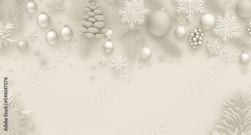Christmas holiday background. Christmas and New Year holiday horizontal frame, banner. fir branches, silver baubles, snowflakes, pine cones . For celebration banners, poster with copy space