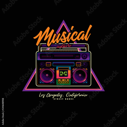 Original vector logo in neon style. An old cassette player. Boombox. T-shirt design, design element.