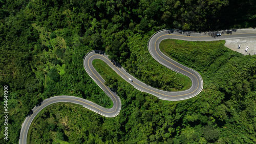 aerial view ROAD No.1081 of winding mountain road between Pua Ddistric, Nan Province, Thailand is highlignt that tourist like to take pictures
