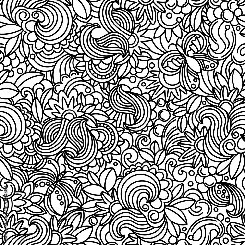 seamless vector coloring page with plant elements, paisleys, swirls and butterflies. antistress contour coloring