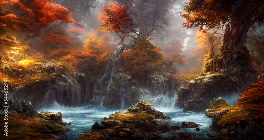 Digital Illustration Enchanted Forest With Waterfalls