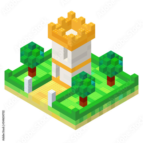 The concept of a tower with a courtyard of multi-colored cubes in isometric style for printing and decoration. Vector illustration.