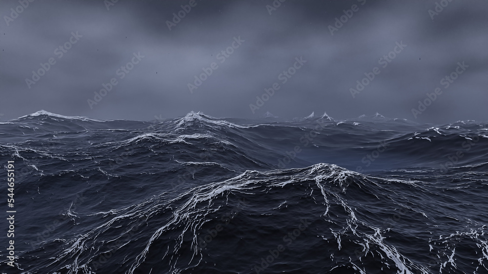 storm at sea. the sea with waves. rough sea in the fog. 3d landscape of a storm at sea in the fog - obrazy, fototapety, plakaty 