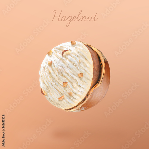 Hazelnut ice cream. White ice cream ball with pieces of hazelnuts on gradient background. 3d illustration