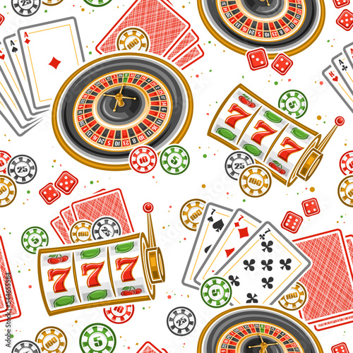 Vector seamless pattern for Casino, square repeating background with illustration of european roulette wheel, colorful casino coins, red gambling cubes on white background, wrapping paper for casino