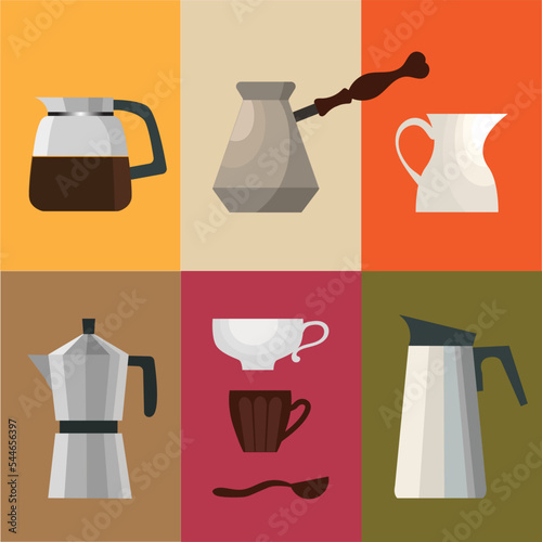 Teapots. Coffee pots. Cups. Kitchen utensils on a colorful background. Abstract background with teapots. Vector illustration.