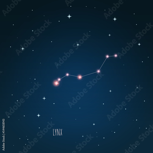 Constellation Lynx scheme in starry sky. Open space. Vector illustration Lynx constellation in open space through a telescope
