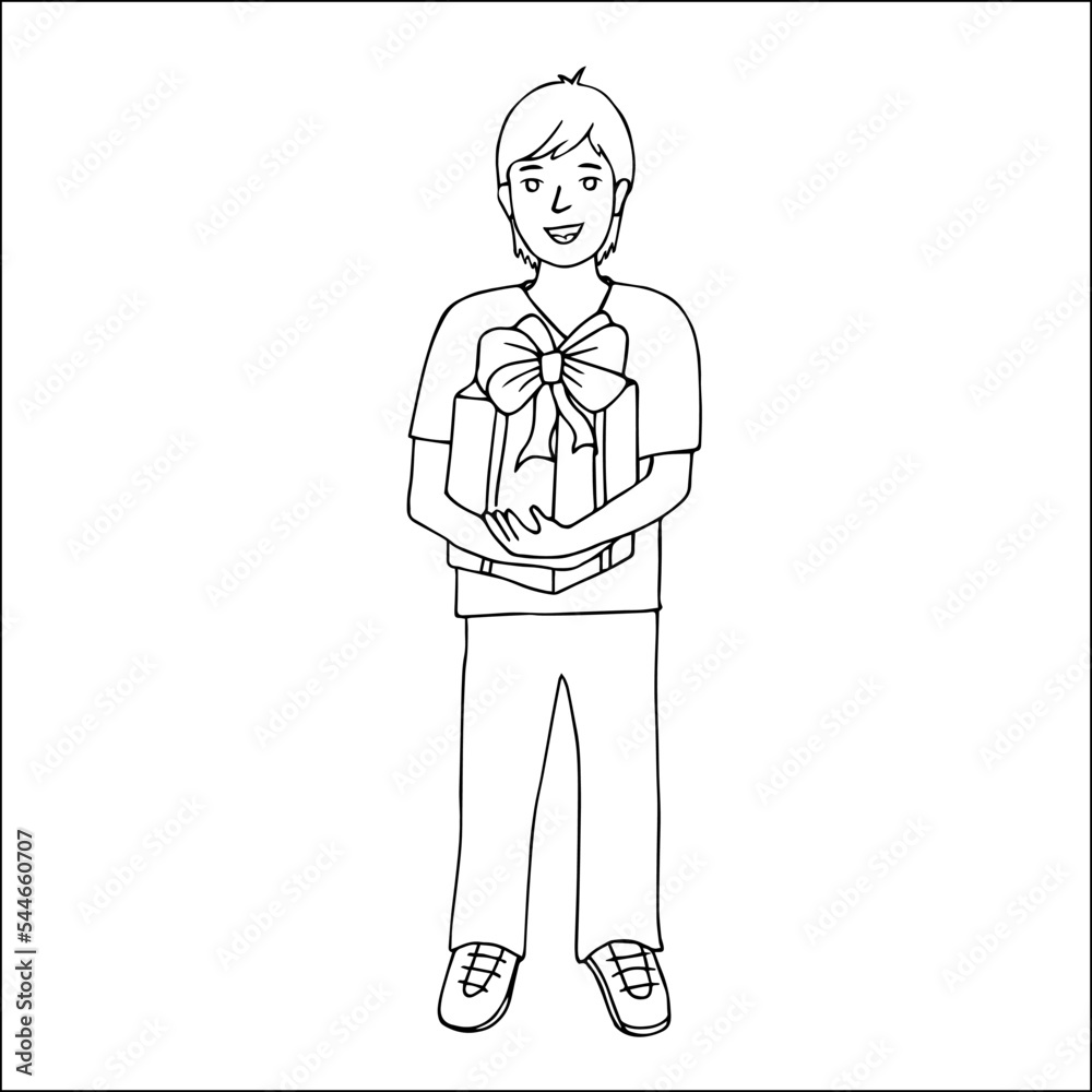 Boy holding a gift box. Hand drawn vector doodle illustration. Boy holding a gift box. Hand drawn vector doodle illustration.