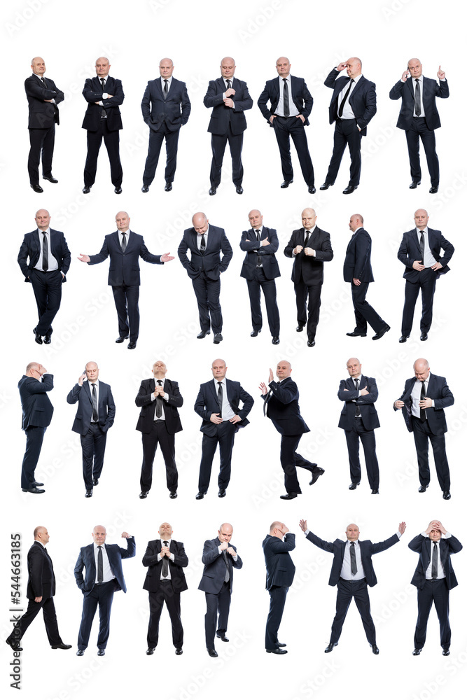A set of images of a bald man in a black formal suit in various poses. Business, success and failure. Full height. Isolated on white background. Vertical.