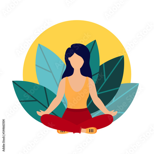 Meditation concept, health benefits for body, mind and emotions. The girl sits in the lotus position, the birth and search for ideas. Vector illustration isolated on white background