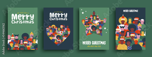 Tablou canvas Merry Christmas diverse people crowd greeting card set