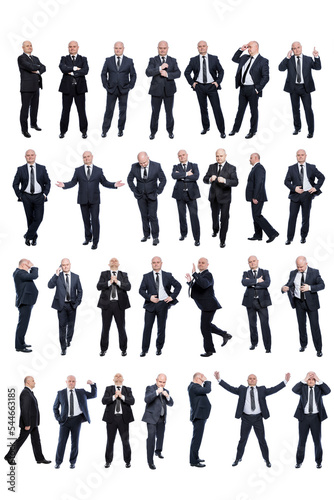 A set of images of a bald man in a black formal suit in various poses. Business, success and failure. Full height. Isolated on white background. Vertical.