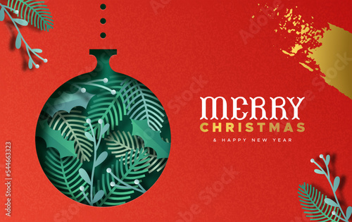 Merry Christmas and New Year paper cut bauble card