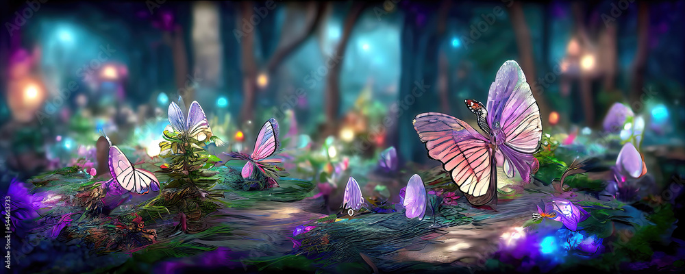 colorful fantasy forest foliage at night, glowing flowers and ...
