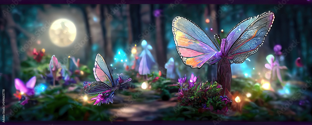 colorful fantasy forest foliage at night, glowing flowers and ...