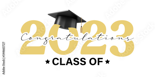 Vector illustration. Class of 2023 badge design template in black and gold colors. Congratulations graduates 2023 banner sticker card with academic hat for high school or college graduation